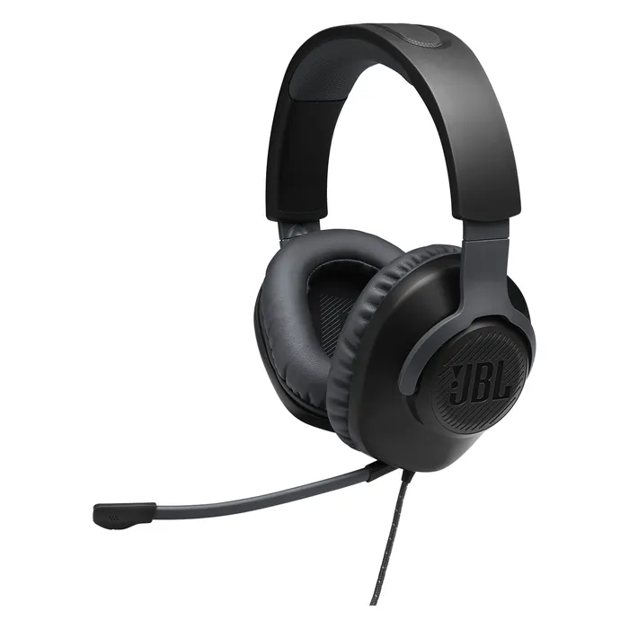 JBL Quantum 100 wired gaming headset in Black, angled view with the boom mic