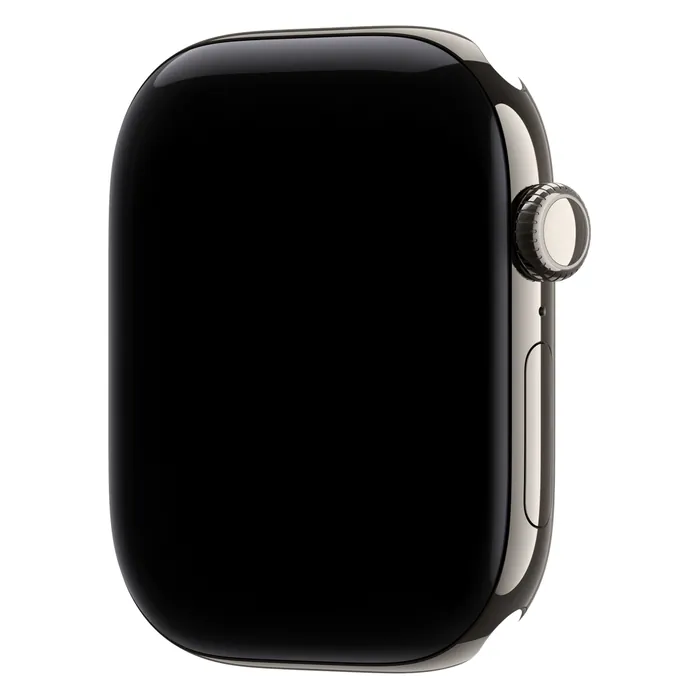 Apple Watch Series 12 46mm Natural Titanium case on its own, showing the Digital Crown and side button