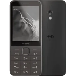 Nokia 235 4G in Black, front view with the 2.8-inch screen and keypad, next to the back with the 2MP camera