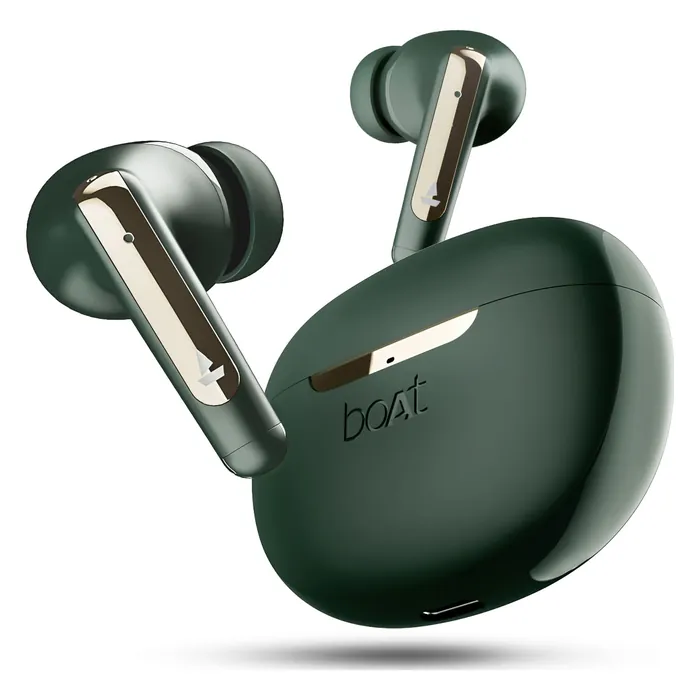boAt Airdopes 141 ANC true wireless earbuds in Green, earbuds with the open charging case