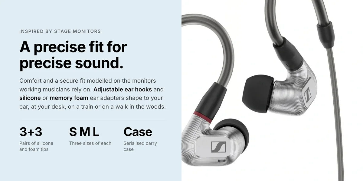 Sennheiser IE 900 pair with adjustable ear hooks, silicone and memory foam ear adapters in S, M, L