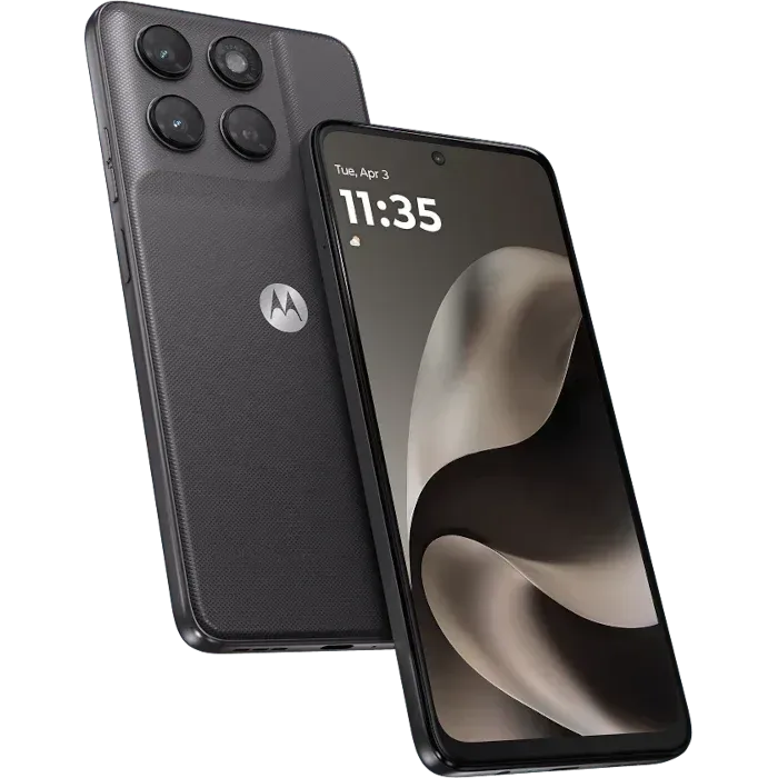 Motorola Moto G77 Power in Pantone Impenetrable, back and front views, showing the camera module and the 6.72-inch screen