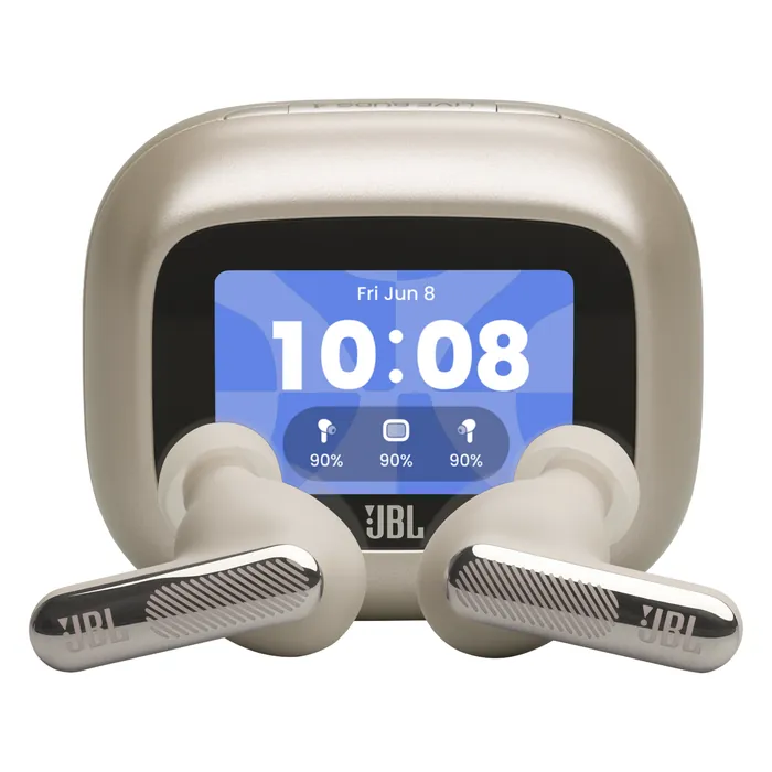 JBL Live Beam 4 noise cancelling earbuds in Sand, earbuds in front of the touchscreen charging case