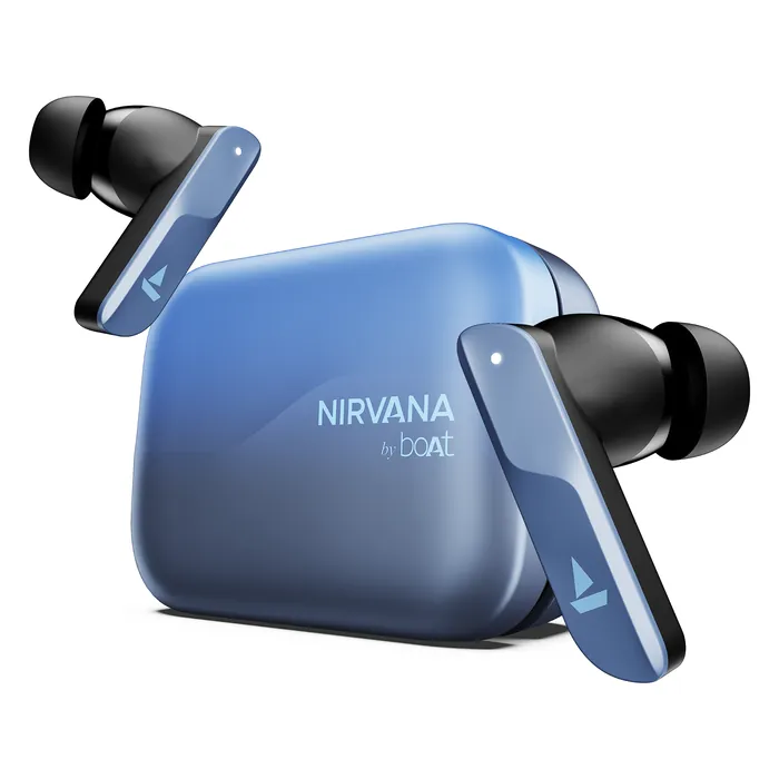 boAt Nirvana X true wireless earbuds in Mist Blue, earbuds beside the charging case