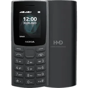 Nokia 105 single SIM in Charcoal, front view with the 1.8-inch screen and keypad, next to the back with the HMD logo