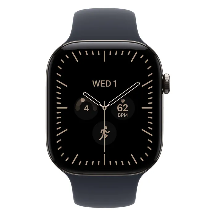 Apple Watch Series 12 46mm in Natural Titanium with the Navy Blue Sport Band, front view with the watch face on