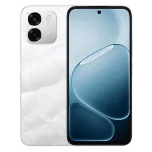 OPPO A6 5G in Ice White, back and front views