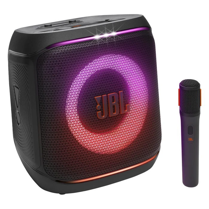 JBL PartyBox Encore 2 Bluetooth party speaker in Black, angled front view with the lightshow on and wireless mic