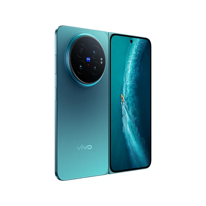 Vivo X Fold6 in Nebula Teal, angled back and cover screen views