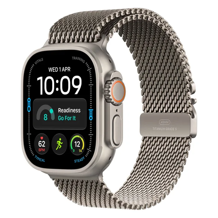 Apple Watch Ultra 4 in Natural Titanium with the Natural Titanium Milanese Loop, three-quarter view with the watch face on