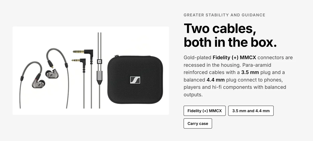 Sennheiser IE 600 with 3.5 mm and balanced 4.4 mm MMCX cables and carry case, both cables in the box