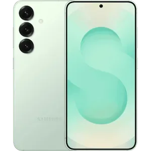 Samsung Galaxy S25 in Mint, back and front views side by side, showing the triple camera and the 6.2-inch screen