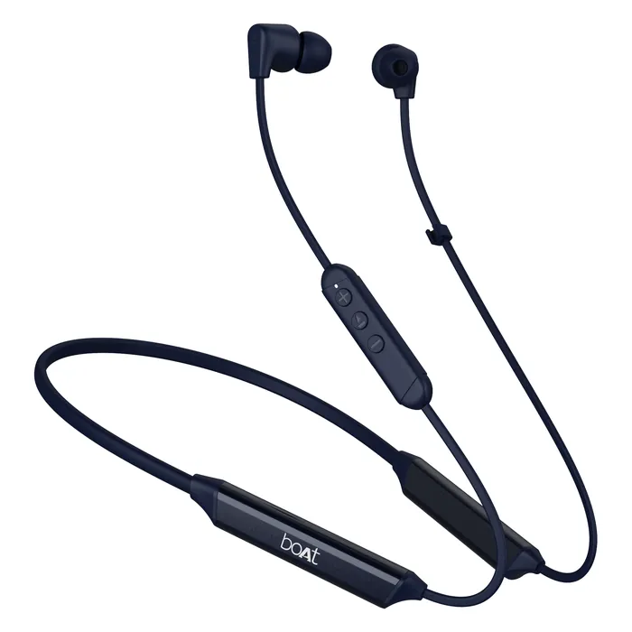 boAt Rockerz Trinity wireless neckband earphones in Just Blue, full neckband with the earbuds and the 3-button remote