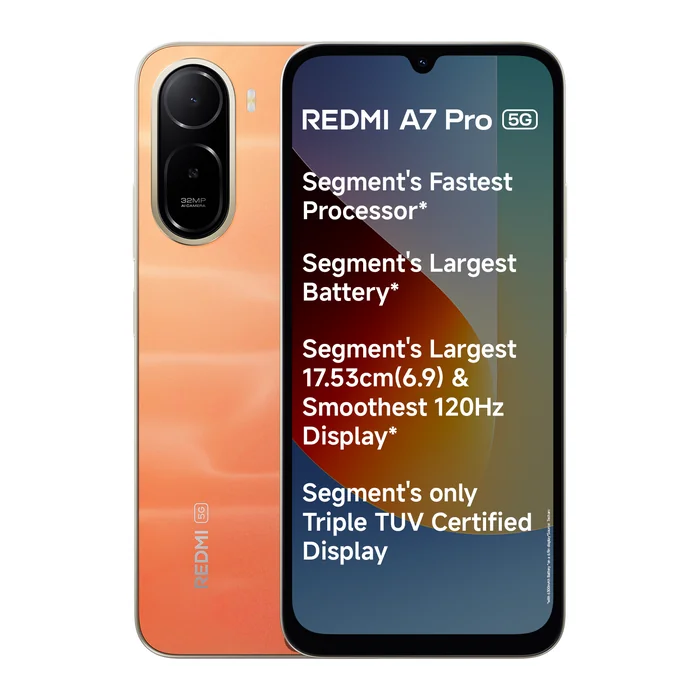 Redmi A7 Pro 5G in Sunset Orange, front and back views with the key features
