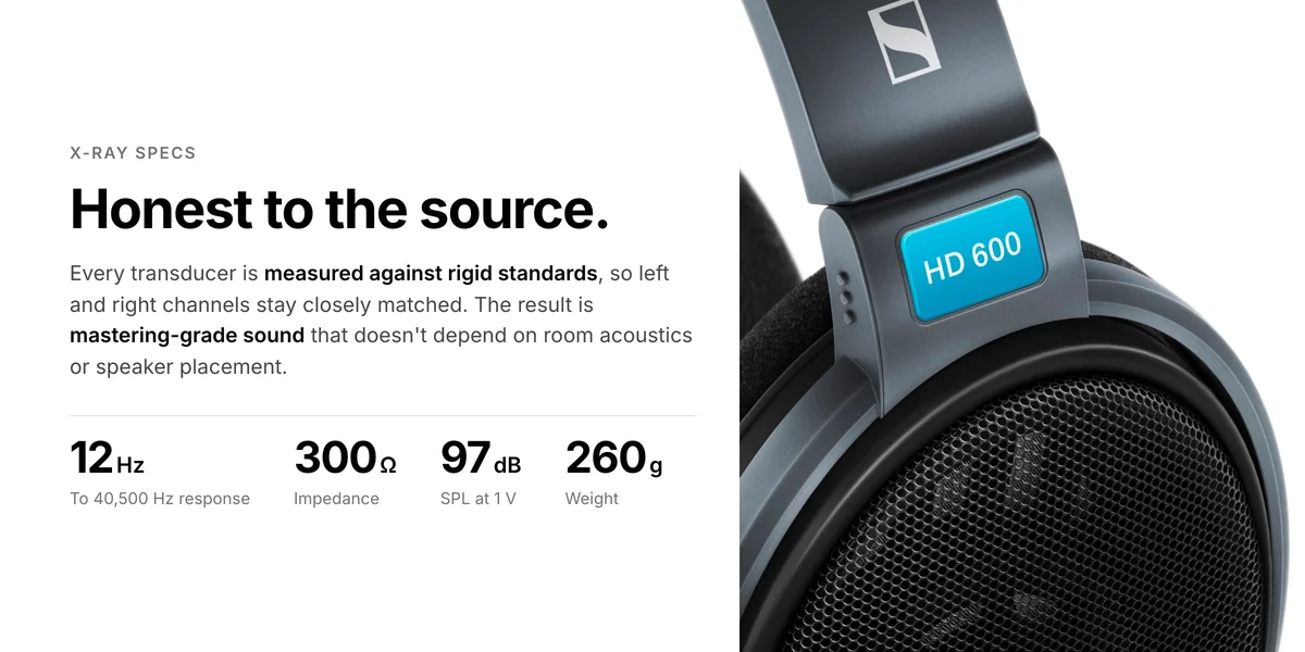Sennheiser HD 600 close-up, matched transducers, 12 Hz to 40,500 Hz, 300 ohm, 97 dB, 260 g