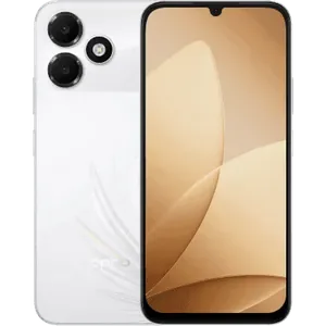 Oppo A6c 4G in Feather White, back next to the front, showing the camera deco and the 6.75-inch screen