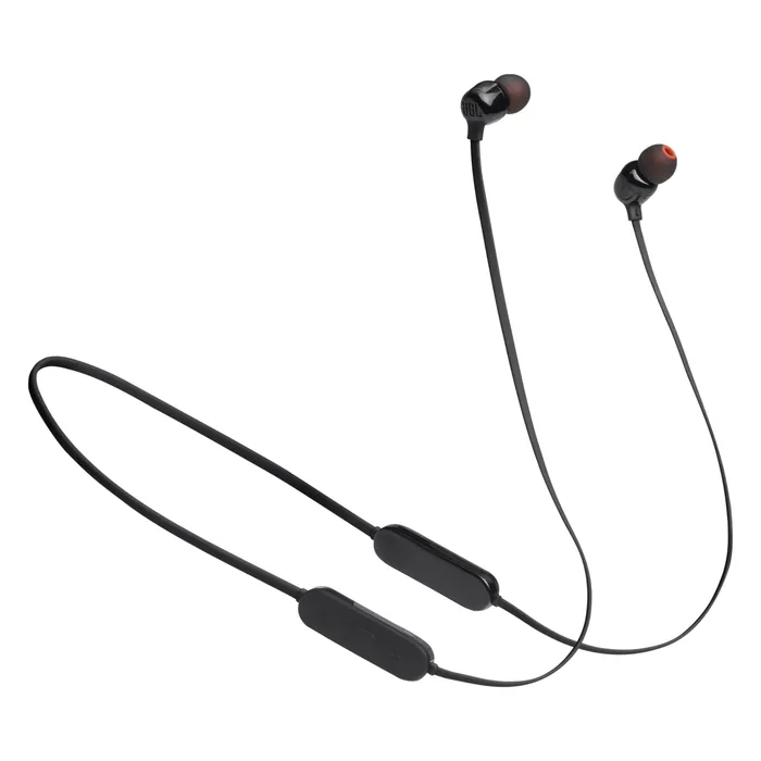 JBL Tune 175BT wireless in-ear neckband in Black, angled view with the flat cable, remote and earbuds