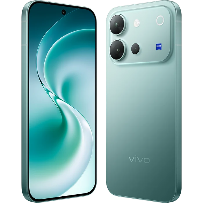 Vivo V80 5G in Horizon Blue, angled front and back views