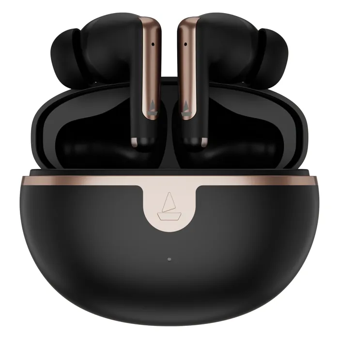 boAt Airdopes 161 ANC Elite true wireless earbuds in Black, earbuds in the open charging case
