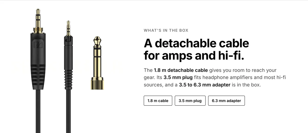 Sennheiser HD 560S 1.8 m detachable cable with 3.5 mm plug and a 3.5 to 6.3 mm adapter