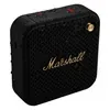Marshall Willen portable Bluetooth speaker in Black and Brass, angled front view with water droplets