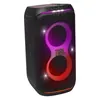 JBL PartyBox Club 120 portable party speaker in Black, angled front view with the light show on