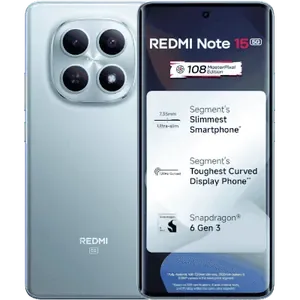 Redmi Note 15 5G in Glacier Blue, front and back views