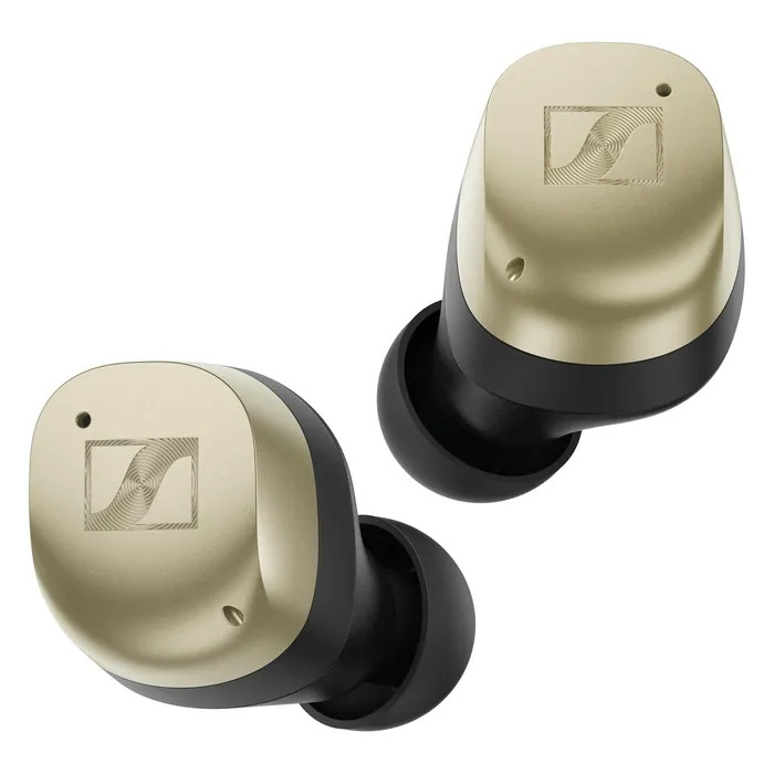 Sennheiser Momentum True Wireless 4 noise cancelling earbuds in Gold, pair of earbuds, front view