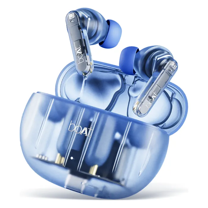 boAt Airdopes 191 ANC true wireless earbuds in Pellucid Blue, earbuds with the open charging case