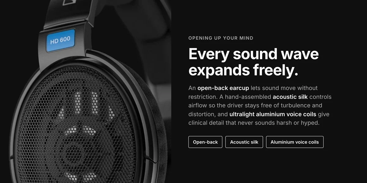 Sennheiser HD 600 open-back earcup grille close-up, acoustic silk and ultralight aluminium voice coils