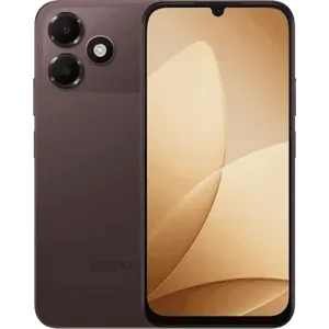 Oppo A6c 4G in Stone Brown, back next to the front, showing the camera deco and the 6.75-inch screen