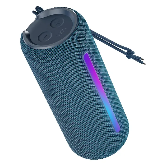 boAt Stone Spinx Pro portable Bluetooth speaker in Tropical Blue, angled view with the RGB strip lit and the carry strap