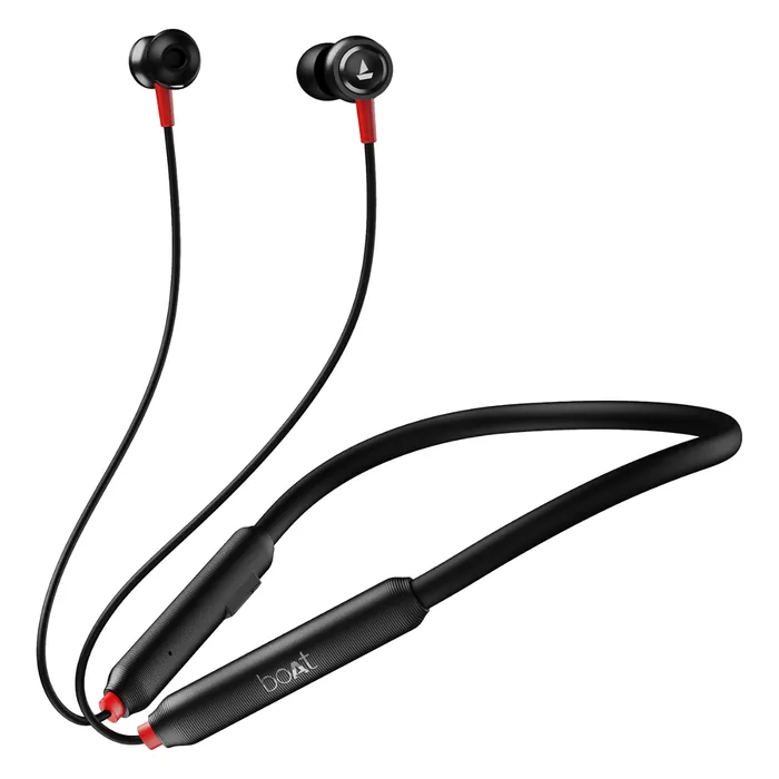 boAt Rockerz 185 Pro wireless neckband earphones in Fiery Black, full neckband with the inline remote and earbuds