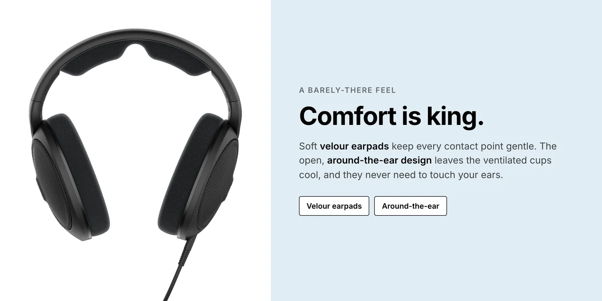 Sennheiser HD 560S front view, soft velour earpads and an around-the-ear fit