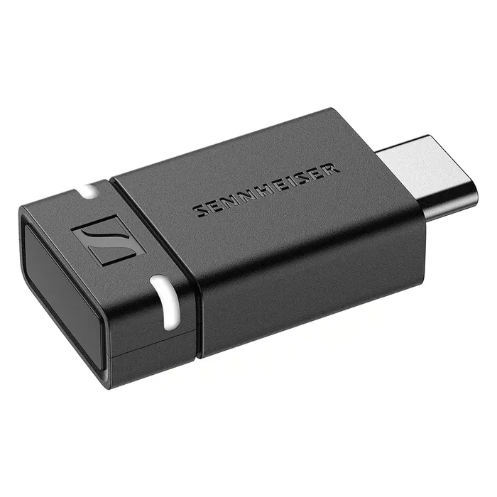 Sennheiser BTD 600 USB Bluetooth audio dongle in Black, angled view with the USB-C adapter fitted