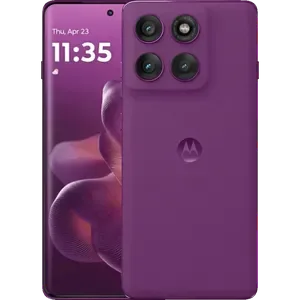 Motorola Edge 60 Pro in Pantone Sparkling Grape, angled back and front views