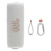 JBL Flip 7 portable Bluetooth speaker in White, with the finger loop and carabiner