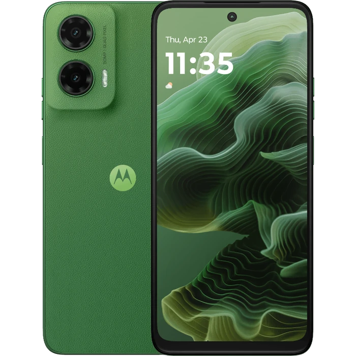 Motorola Moto G35 5G in Leaf Green, back and front views