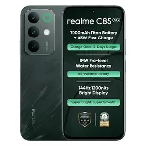 Realme C85 5G in Peacock Green, back and front views, showing the camera module and the 6.8-inch screen