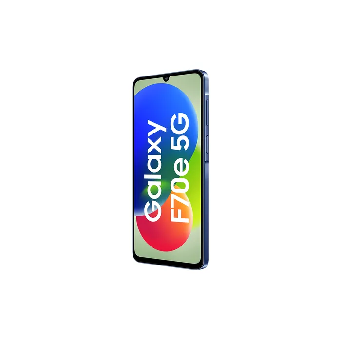 Samsung Galaxy F70e 5G in Spotlight Blue, angled front view