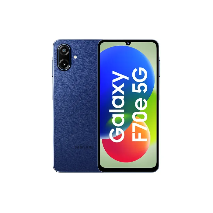 Samsung Galaxy F70e 5G in Spotlight Blue, back and front views