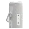 JBL Flip 7 portable Bluetooth speaker in White, carabiner on the PushLock mount beside the Bluetooth, power and Auracast buttons
