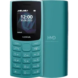 Nokia 105 single SIM in Cyan, front view with the 1.8-inch screen and keypad, next to the back with the HMD logo