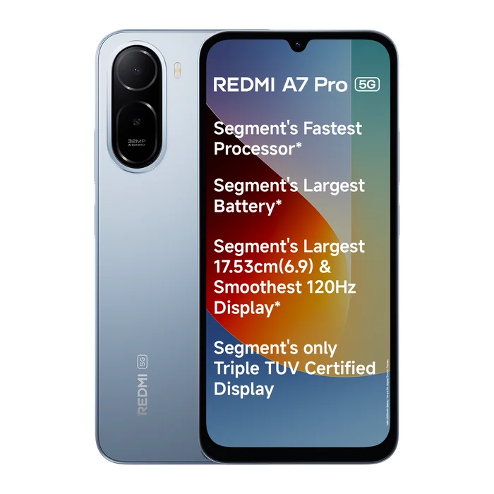 Redmi A7 Pro 5G in Mist Blue, front and back views with the key features