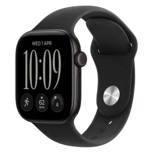 Apple Watch Series 12 42mm in Black Aluminium with the Black Sport Band, three-quarter view with the watch face on
