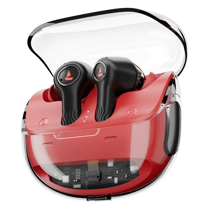 boAt Nirvana Crystl true wireless earbuds in Blazing Red, earbuds in the see-through Crystl charging case