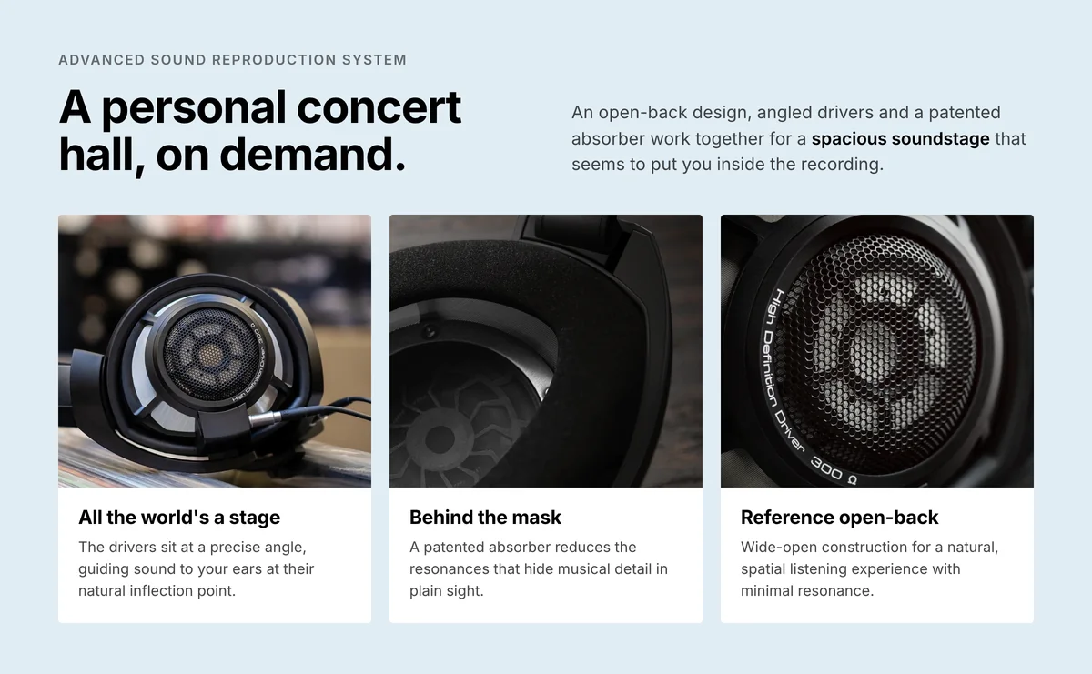 Sennheiser HD 800 S angled drivers, patented absorber and open-back design for a spacious soundstage