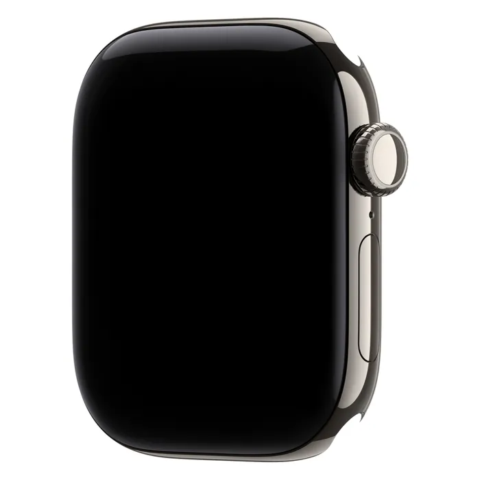 Apple Watch Series 12 42mm Natural Titanium case on its own, showing the Digital Crown and side button