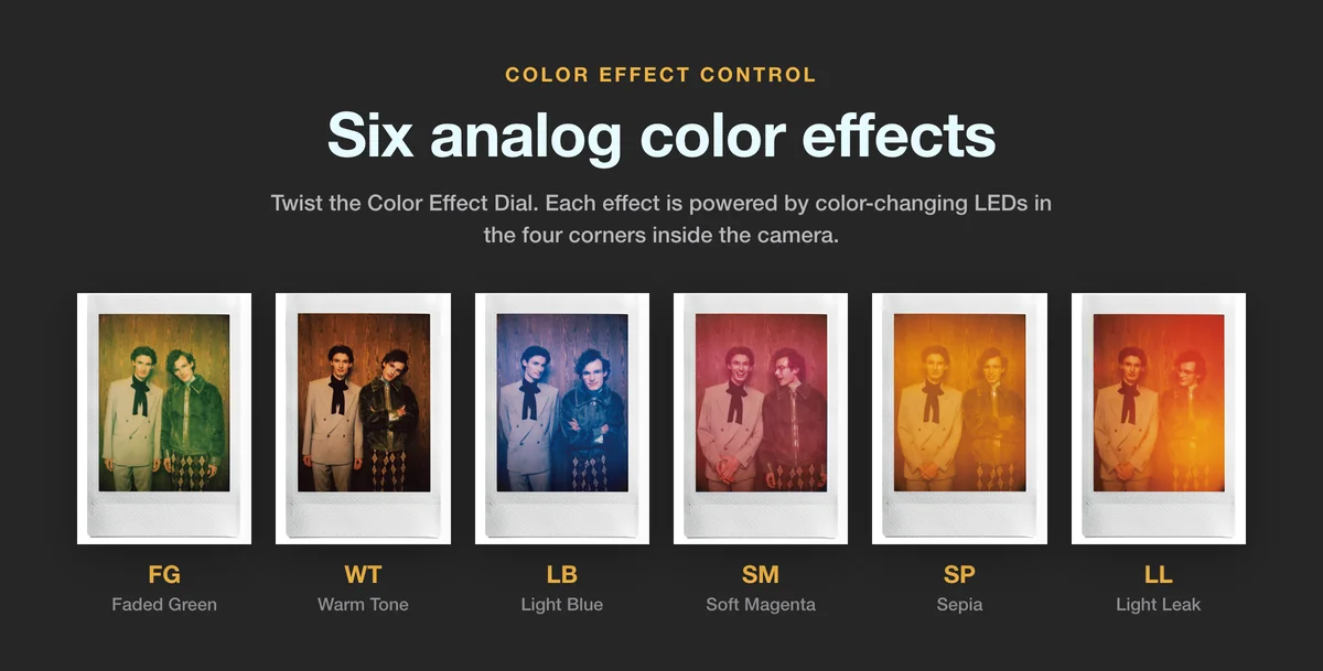 Fujifilm Instax Mini 99 Color Effect Control, six analog color effects from Faded Green to Light Leak