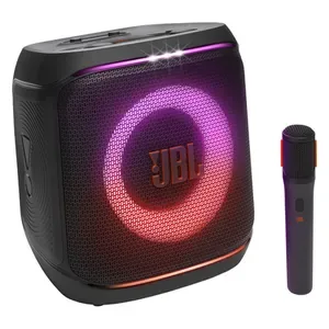 JBL PartyBox Encore 2 Bluetooth party speaker in Black, angled front view with the lightshow on and wireless mic